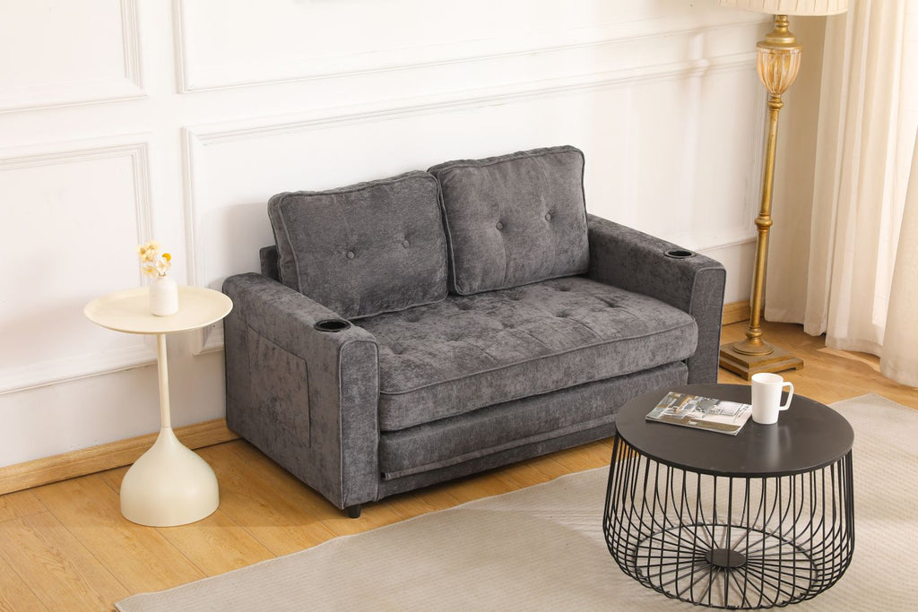 55"3 Fold Sofa,Convertible Futon Couch sleeper sofabed,Velvet linen fabric ,Perfect for Small Spaces, Living Room, or Office,Dark Gray