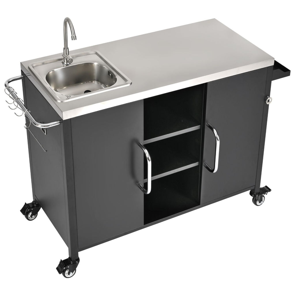 55.5" Outdoor Kitchen Island with Sink, Metal Grill Cart Table with 304 Stainless Steel Sink, Outdoor Bar Cart Sink Station with 4 Lockable Wheels for Pizza Prep & BBQ, L 55.5" x W 20" H 36.7"