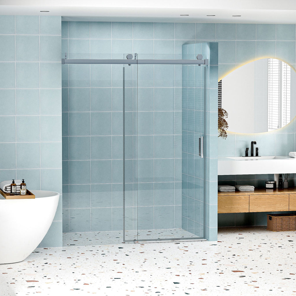 56" - 60" W x 76" H Frameless Soft-closing Single Sliding Shower Door, 1/4" (6mm) Tempered Glass with Explosion-proof Coating via Express Delivery, Chrome 24D01-60CHX