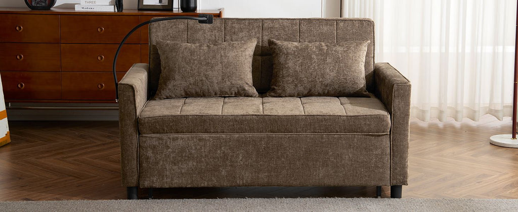 56.9" Loveseat Sofa Pull-out Sofa Bed Sleeper Sofa with a Reversible Backrest Cushion, Side Pockets, Two USB Ports and a Phone Holder for Living Room, Brown