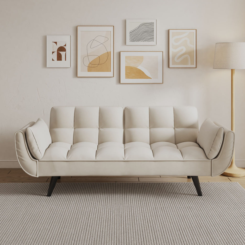 57 inch beige sofa soft two armrests throw pillow pillow comfortable fit apartment bedroom small space