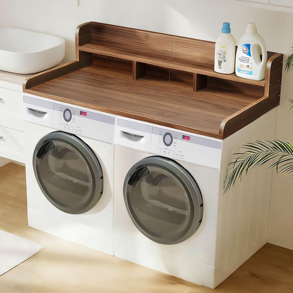 (58" Width x 28" Depth) Washer Dryer Countertop with Non-slip Pads, Laundry Wood Shelf Topper with Edge, Double Layer Organizer for Washer and Dryer Laundry Hamper Counter Storage Organization(WALNUT)