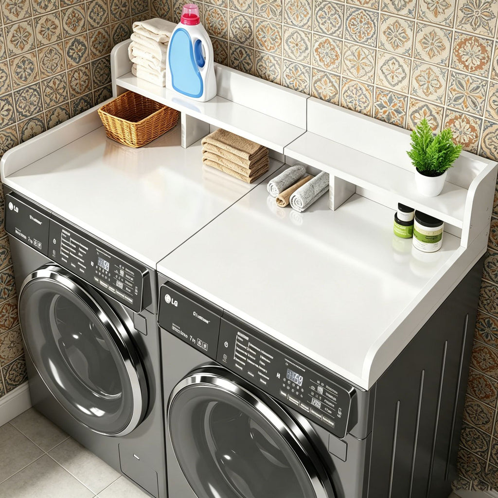 (58" Width x 28" Depth) Washer Dryer Countertop with Non-slip Pads, Laundry Wood Shelf Topper with Edge, Double Layer Organizer for Washer and Dryer Laundry Hamper Counter Storage Organization (WHITE)
