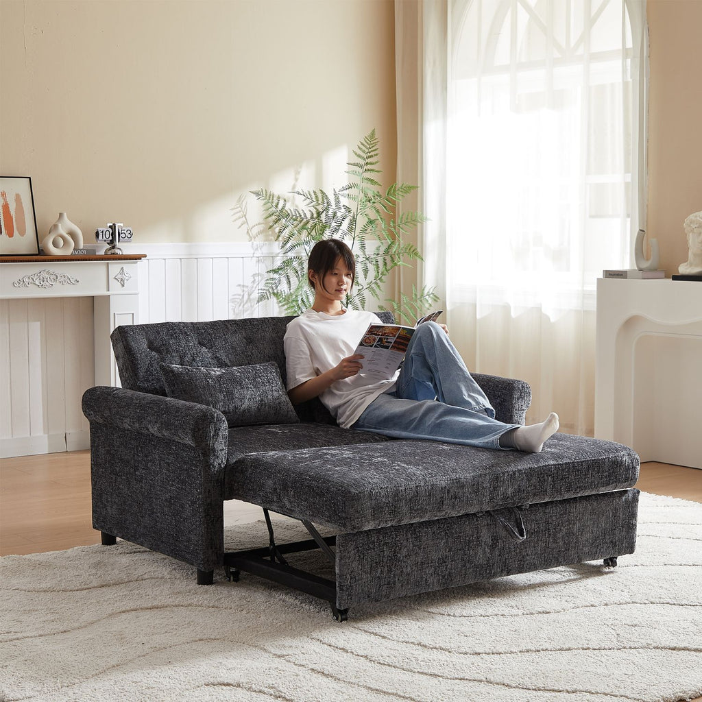 58.27" Upholstery Sofa Bed, Modern Chenille Fabric Loveseats Sofa with Adjsutable Back, Large Size Classic Pull Out Sofa Bed Cozy for Living Room, Bedroom