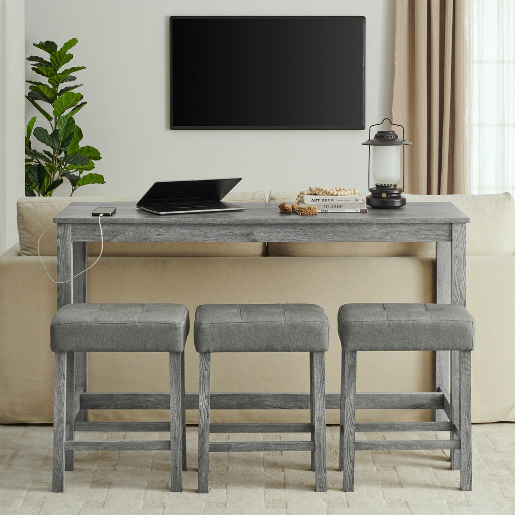 59 Inch Bar Table, Dining Table, Sofa Table with Power Outlet, 3 Upholstered Stools, 4 Piece Bar Table and Chair Set for Living Room, Dining Room, Kitchen