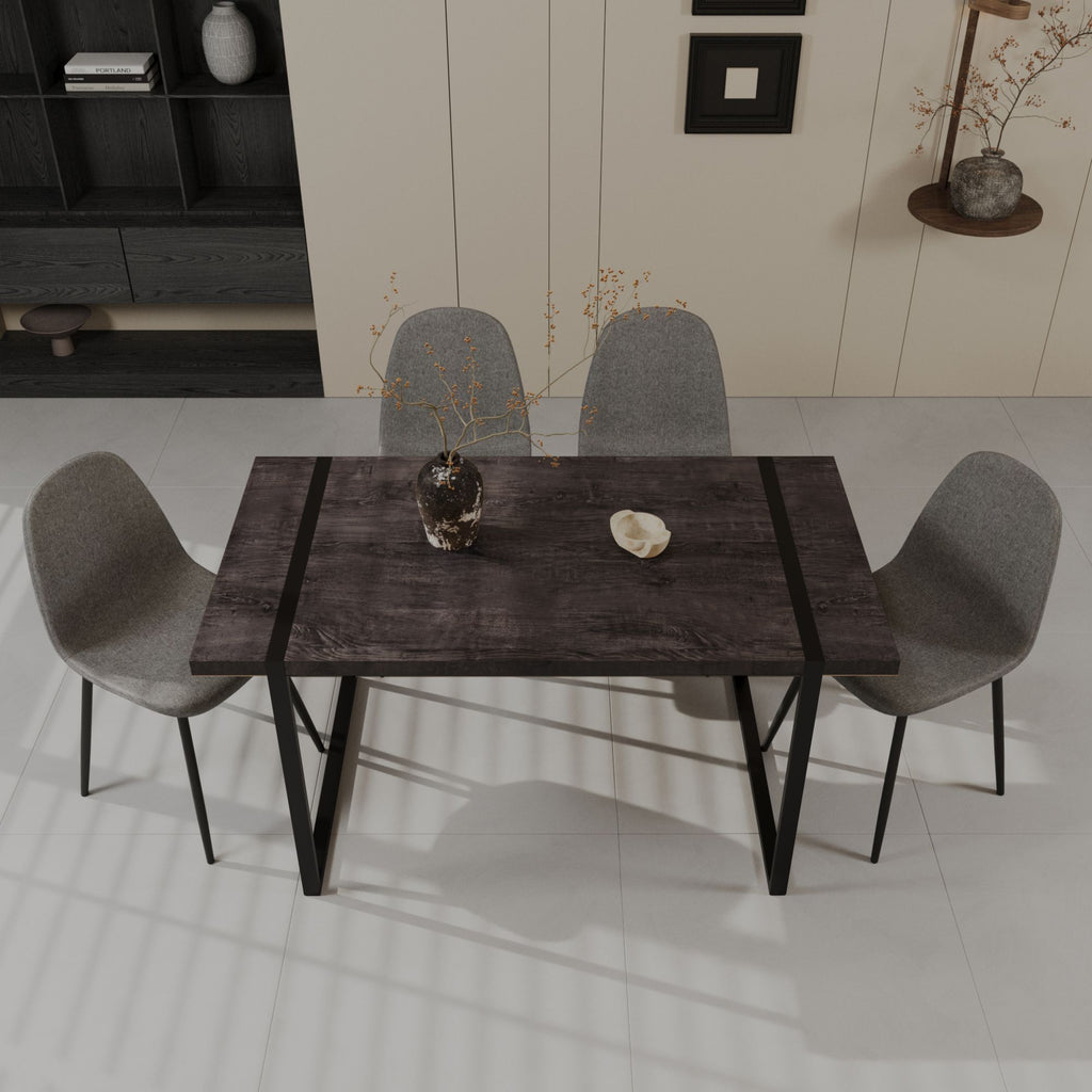 59" MDF black wooden dining table and modern dining chair set of 4 pieces, medieval wooden kitchen dining table set, black rectangular metal base, dining table and suede chair set