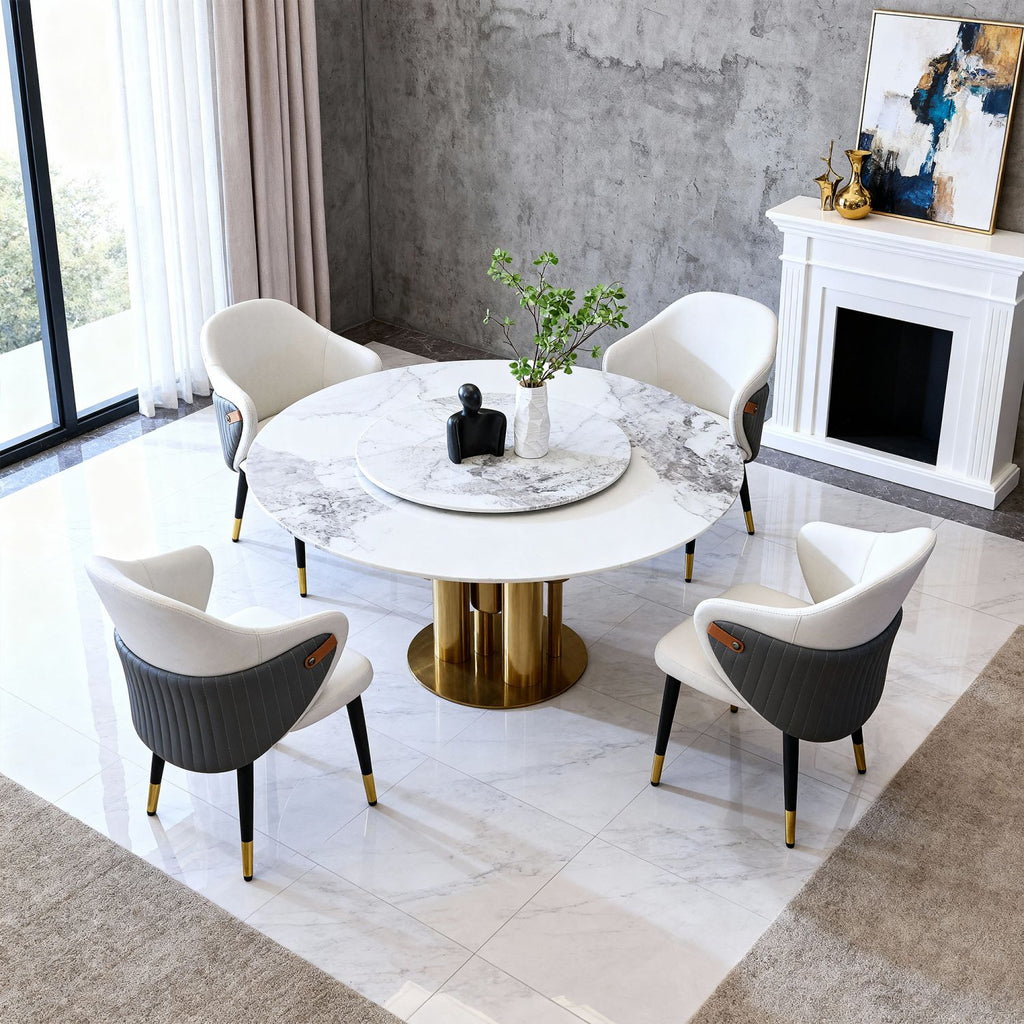 59" Round Dining Table with 360° Smooth Lazy Susan, Stain & Heat Resistant Sintered Stone Tabletop, Modern Minimalist Design for Kitchen, Dining Room, Compact Spaces(4 chairs)