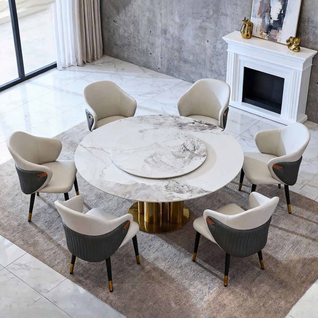 59" Round Dining Table with 360° Smooth Lazy Susan, Stain & Heat Resistant Sintered Stone Tabletop, Modern Minimalist Design for Kitchen, Dining Room, Compact Spaces(6 chairs)