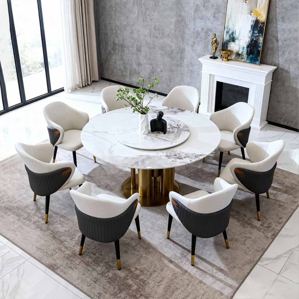 59" Round Dining Table with 360° Smooth Lazy Susan, Stain & Heat Resistant Sintered Stone Tabletop, Modern Minimalist Design for Kitchen, Dining Room, Compact Spaces(8 chairs)
