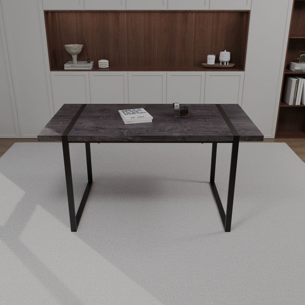 59 "rural industrial rectangular MDF black dining table, 4-6 people, 1.5" thick engineering wood tabletop and black rectangular metal legs, used for writing desk, kitchen, terrace, dining room