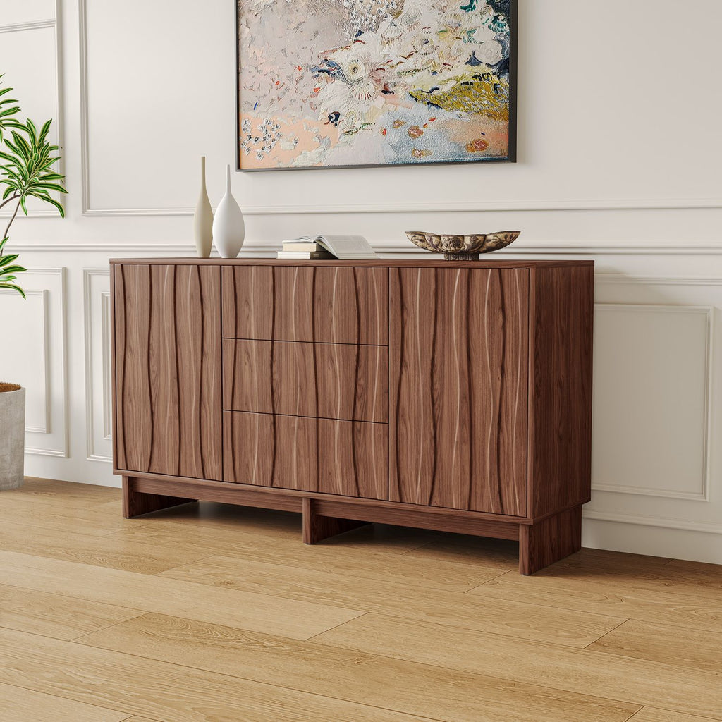 59.1" Sideboard Buffet Cabinet with 2 Doors and 3 Drawers, Walnut Finish with Stripe Grain Texture, Farmhouse Storage Sideboard for Dining Room, Living Room, Hallway, Easy Assembly
