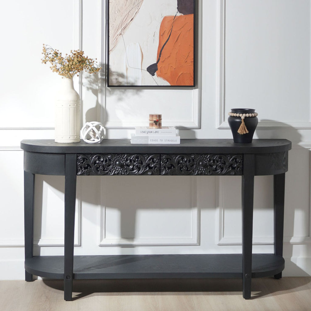 59.2in Black Carved Wooden Console Table with Lower Storage Shelf Tow Drawers– Elegant Decorative Accent for Entryway, Living Room, and Hallway