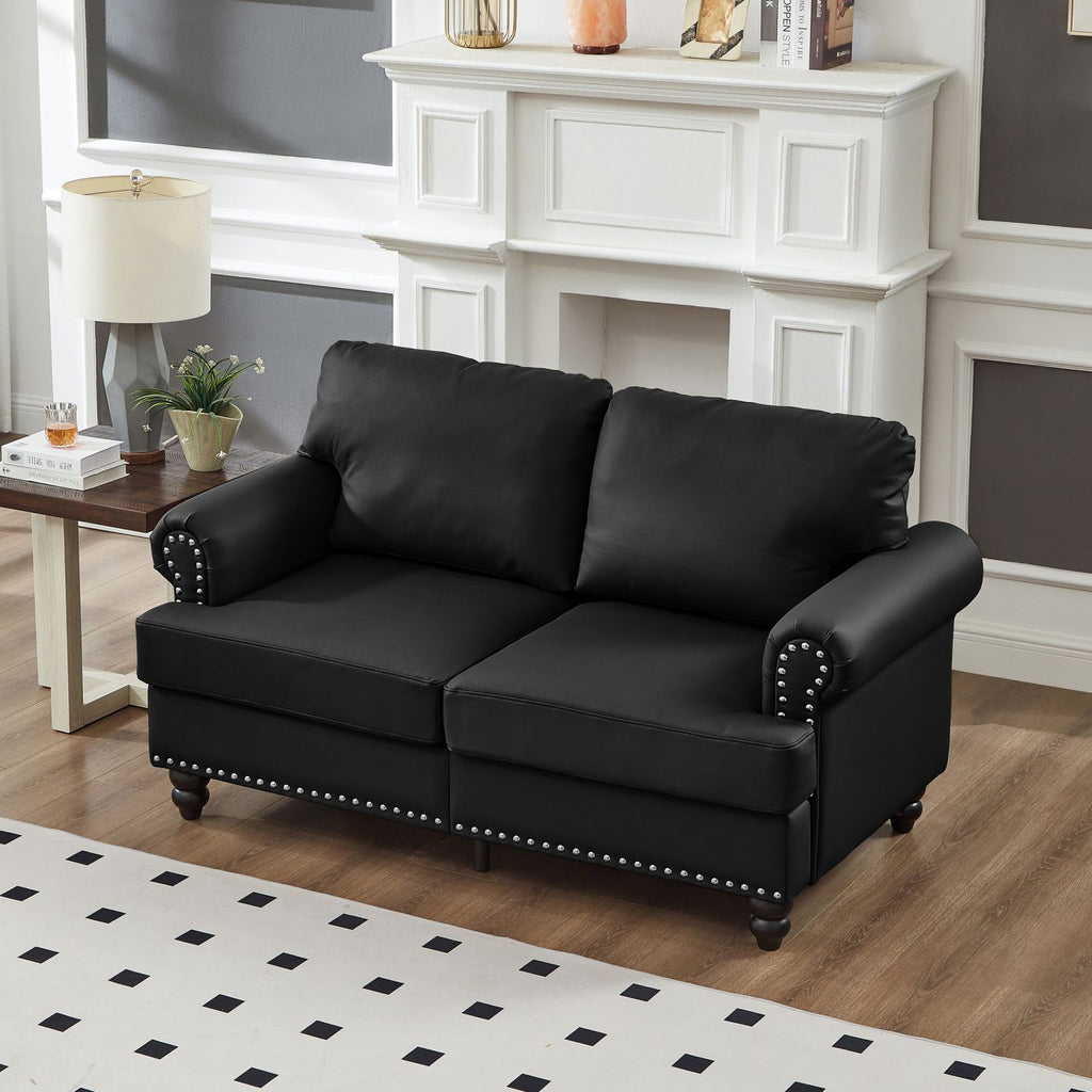 59.5" Modern Classic Design with Nails Living Room Loveseat Leather Couch,Upholstered Imitation Cowhide Leather Black