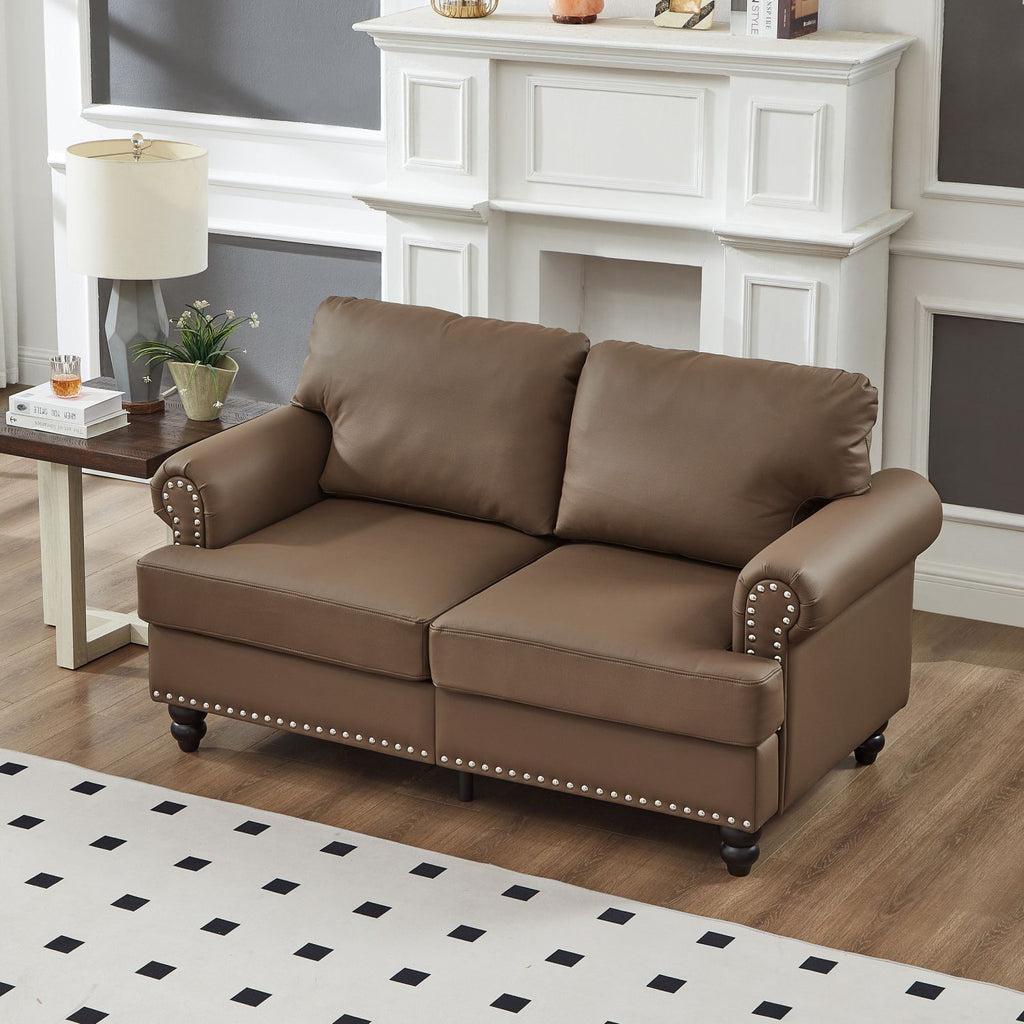 59.5" Modern Classic Design with Nails Living Room Loveseat Leather Couch,Upholstered Imitation Cowhide Leather Brown
