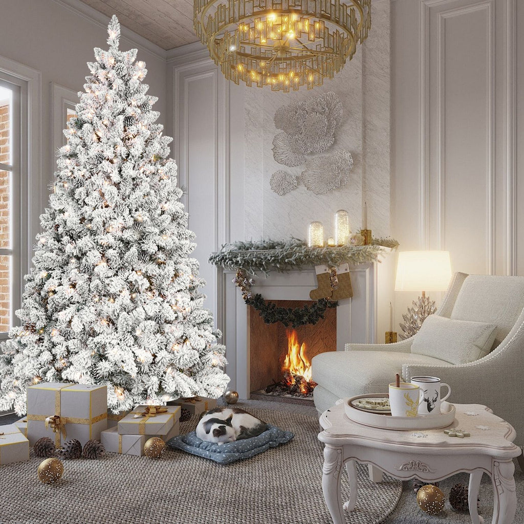 5FT Flocked Christmas Tree with 300 UL Lights and 27 Natural Pine Cones – Snowy PVC Tips, 600 Tips, Hinged Structure, Stable Metal Stand, Easy Setup