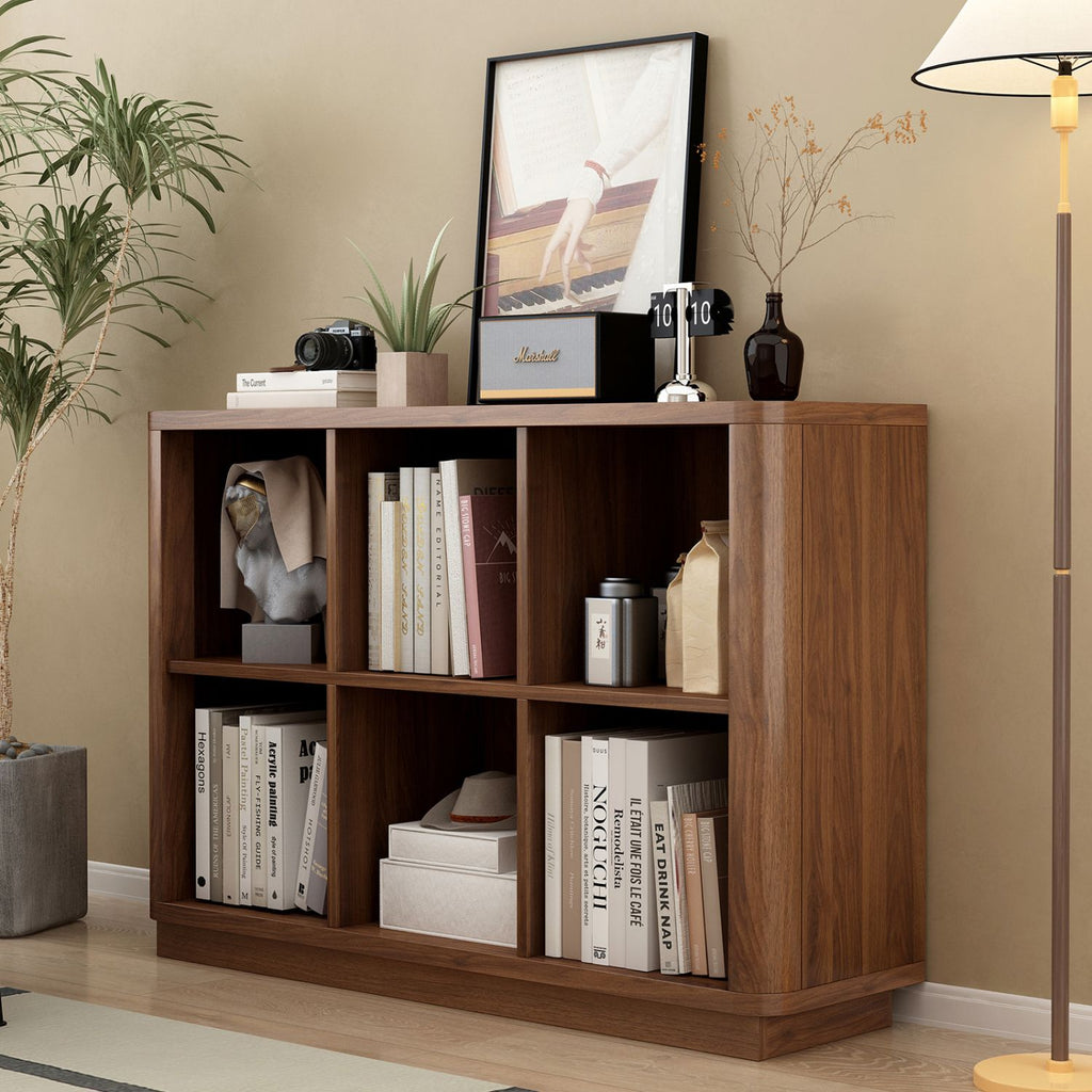 6 Cube Storage Bookcase, 40" Wide Low Horizontal Book Shelf with Curved Edge, Wood Floor Standing 2-Tier Bookshelf with Base, Farmhouse Short Book Case for Bedroom, Living Room, Office, Walnut