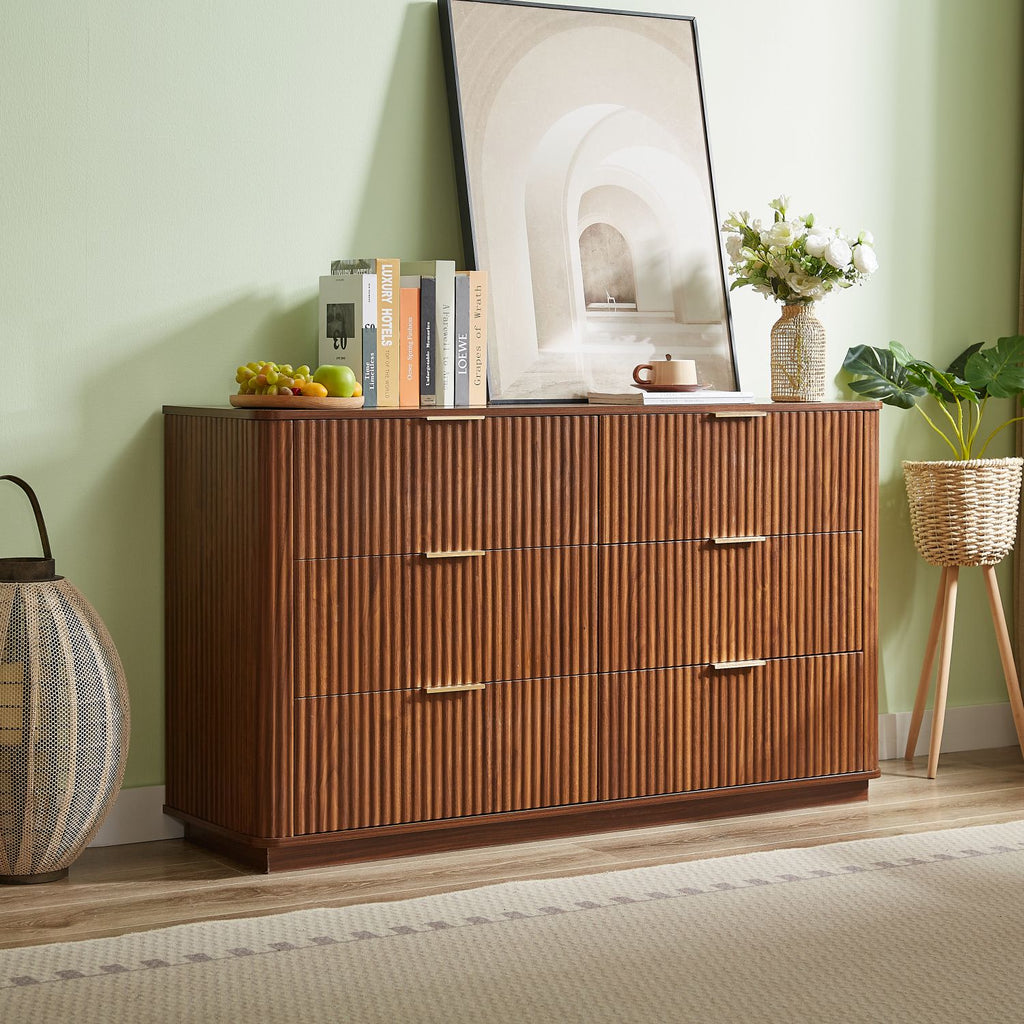 6 Drawers Dresser,55" Wide Modern Chest of Drawers Curved wave Design, Dresser TV Stand, Wood Drawer Organizer for Bedroom, Living Room, Hallway, Walnut,55.12''W x 15.75''D x 31.5''H.