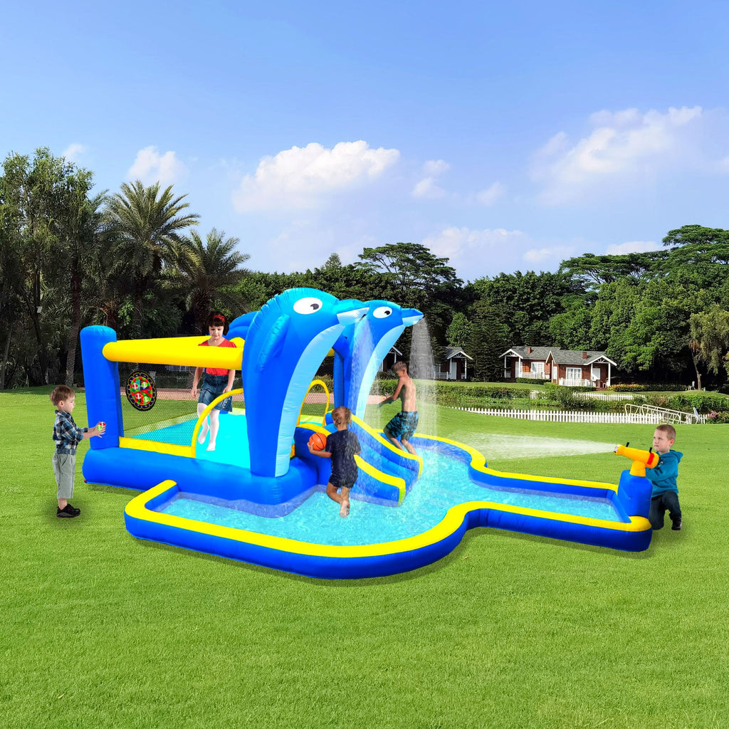 6 in1 Inflatable slide water park trampoline bouncing house outdoor garden with Dolphin sprinkler & Target games & Water gun & Basketball