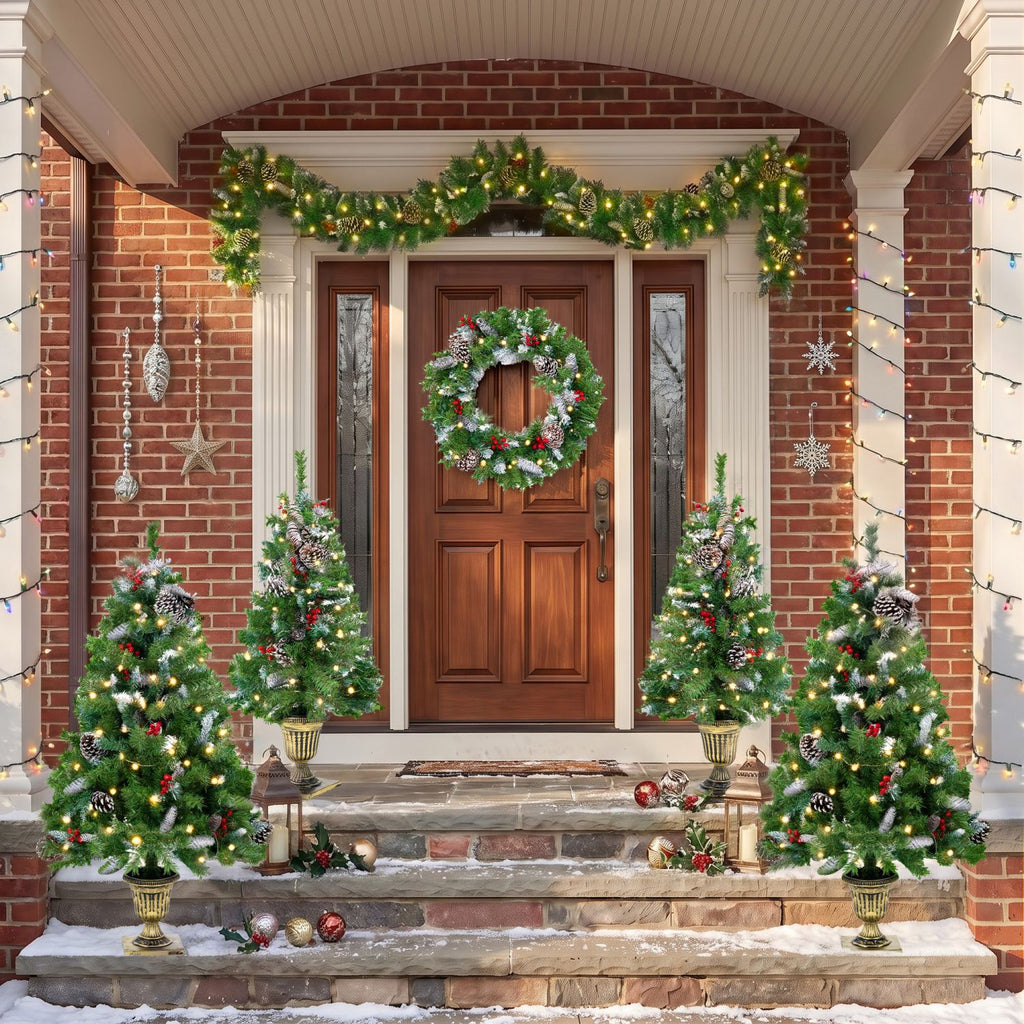 6-Piece Christmas Tree Set – 4 Trees with Sturdy Bases, 1 Pre-Lit Wreath, 1 Garland, Warm White Lights, Easy to Shape & Wobble-Free for Indoor Holiday Home Decor