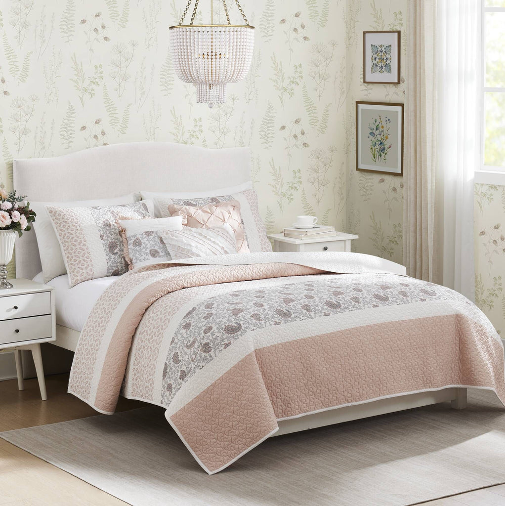 6 Piece Cotton Percale Quilt Set with Throw Pillows