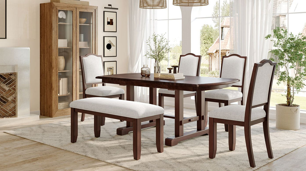 6-Piece Dining Table Set, 60inch to 78inch Extendable Wood Dining Table with Removable Leaf, Kitchen Table Set with 4 Upholstered Side Chair and Bench, Dining Table Set for 6 (Cherry)