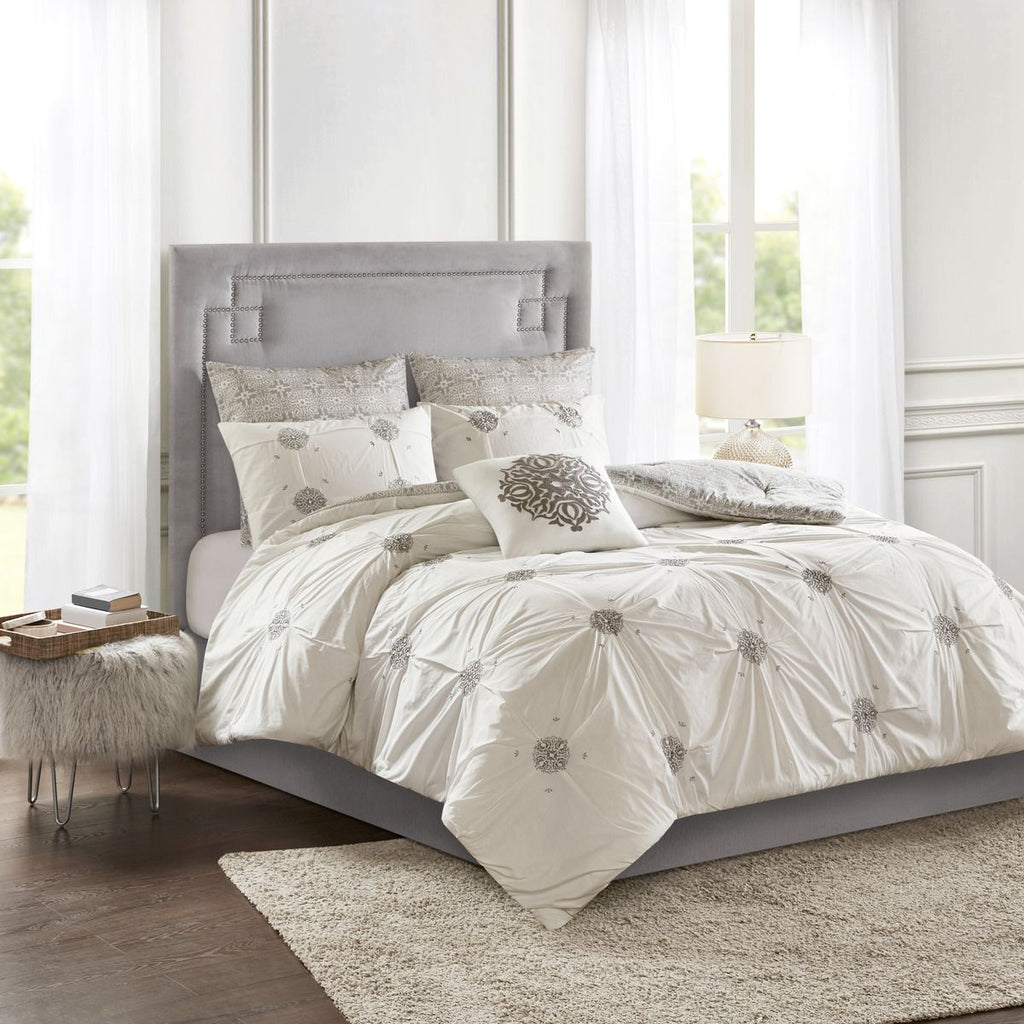 6 Piece Embroidered Cotton Reversible Comforter Set