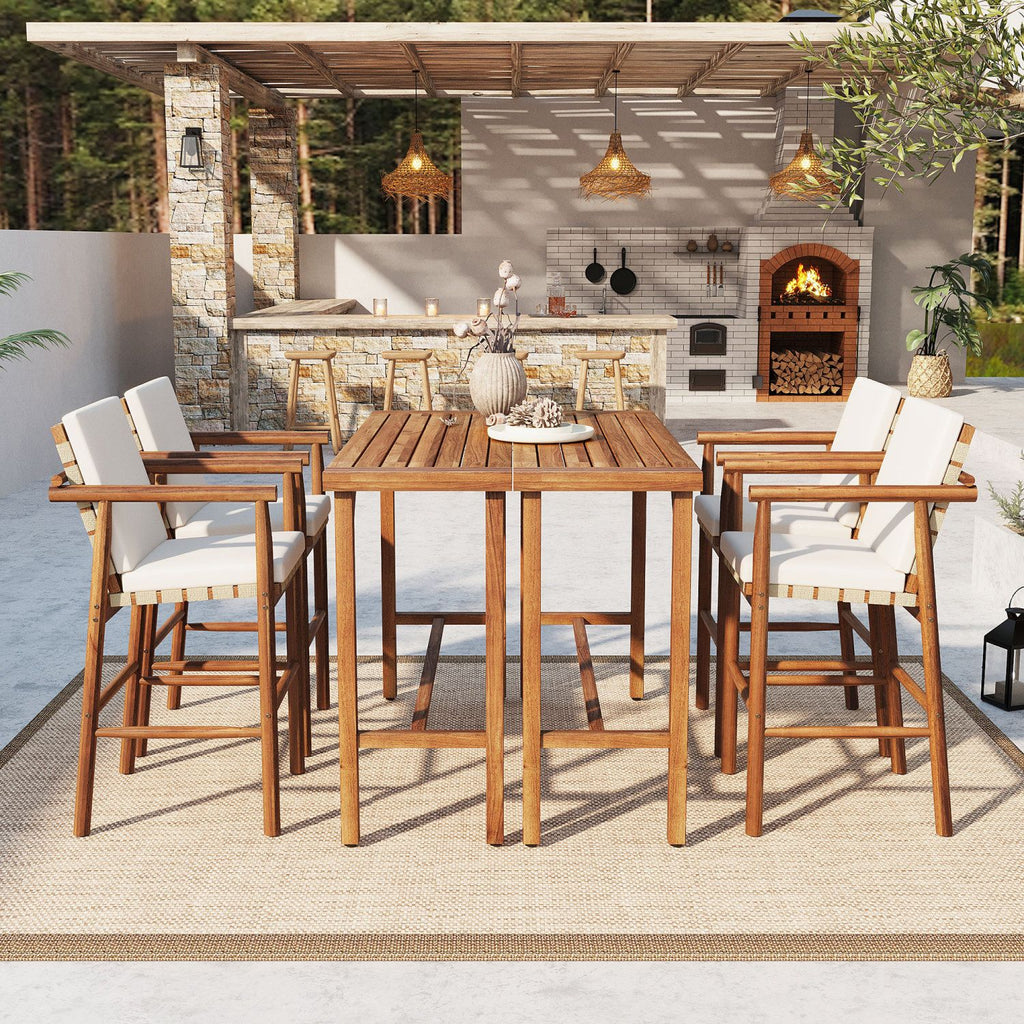 6 Piece Outdoor Bar Set, 2 Patio Acacia Wood Bar Height Table & 4 Stools with Cushions, Wood Dining Bar Set for Backyard, Poolside, Balcony, Beige Cushions