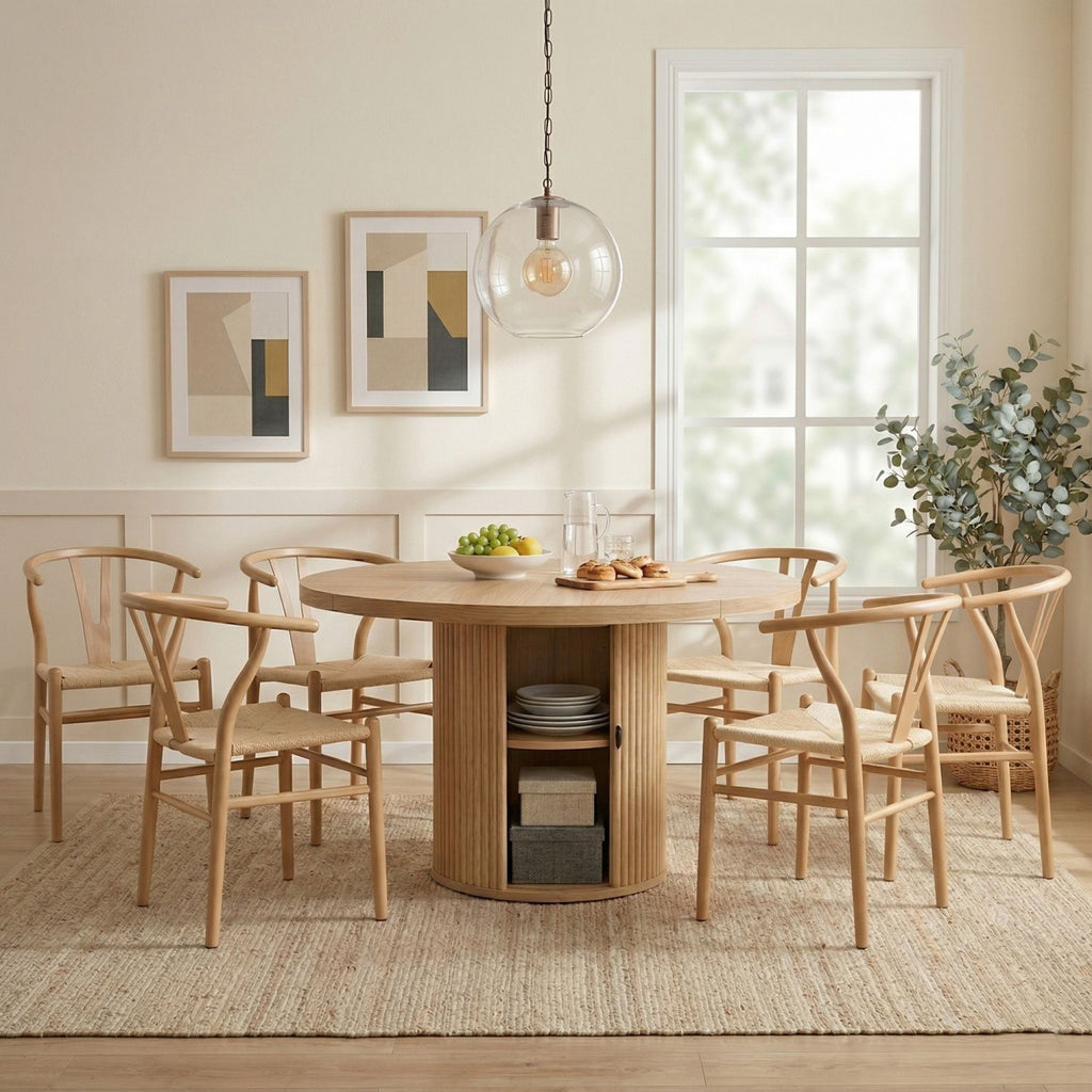6-piece set of wooden color woven dining chairs, including a 47.2-inch round Roman column table with storage function, suitable for restaurants/wooden color