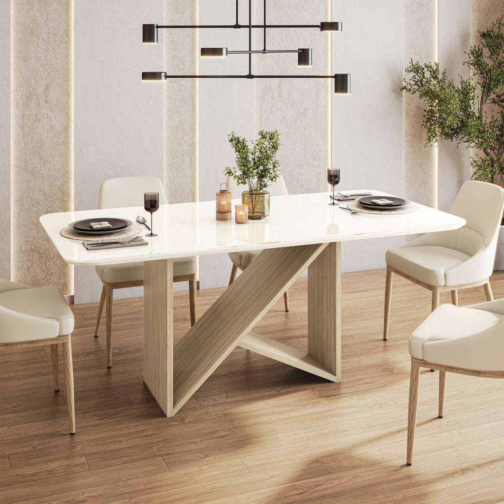 6 Seater Italian-Style Dining Table with Painted Glass Top & Elegant Wooden Base, Natural & Oak