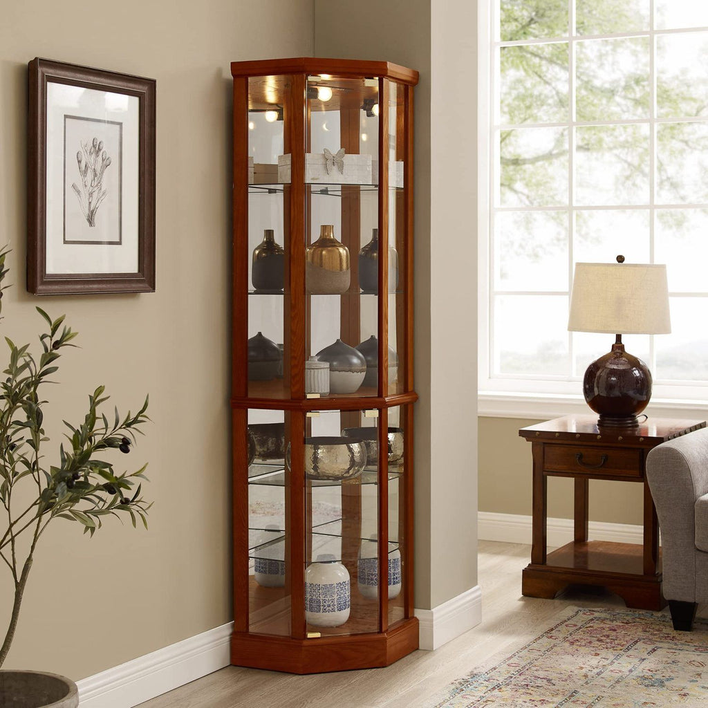 6 Shelf Lighted Corner Curio Cabinet with Adjustable Tempered Glass Shelves and Mirror Back, Oak(E26 light bulb not included)