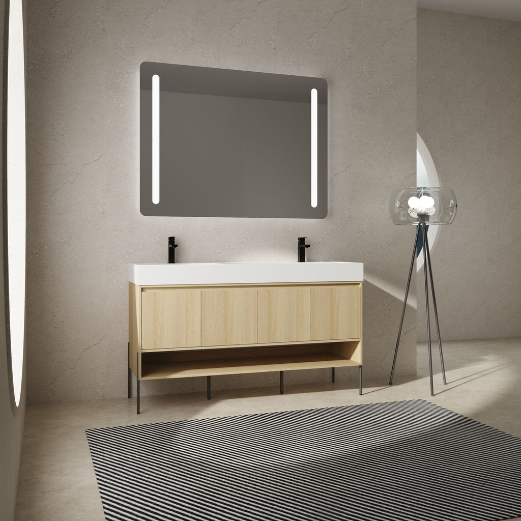 60" Bathroom Vanity Combo w/Single Ceramic Sink, Modern Storage Cabinet Set 2 Door, Multilayer solid wood, Oak