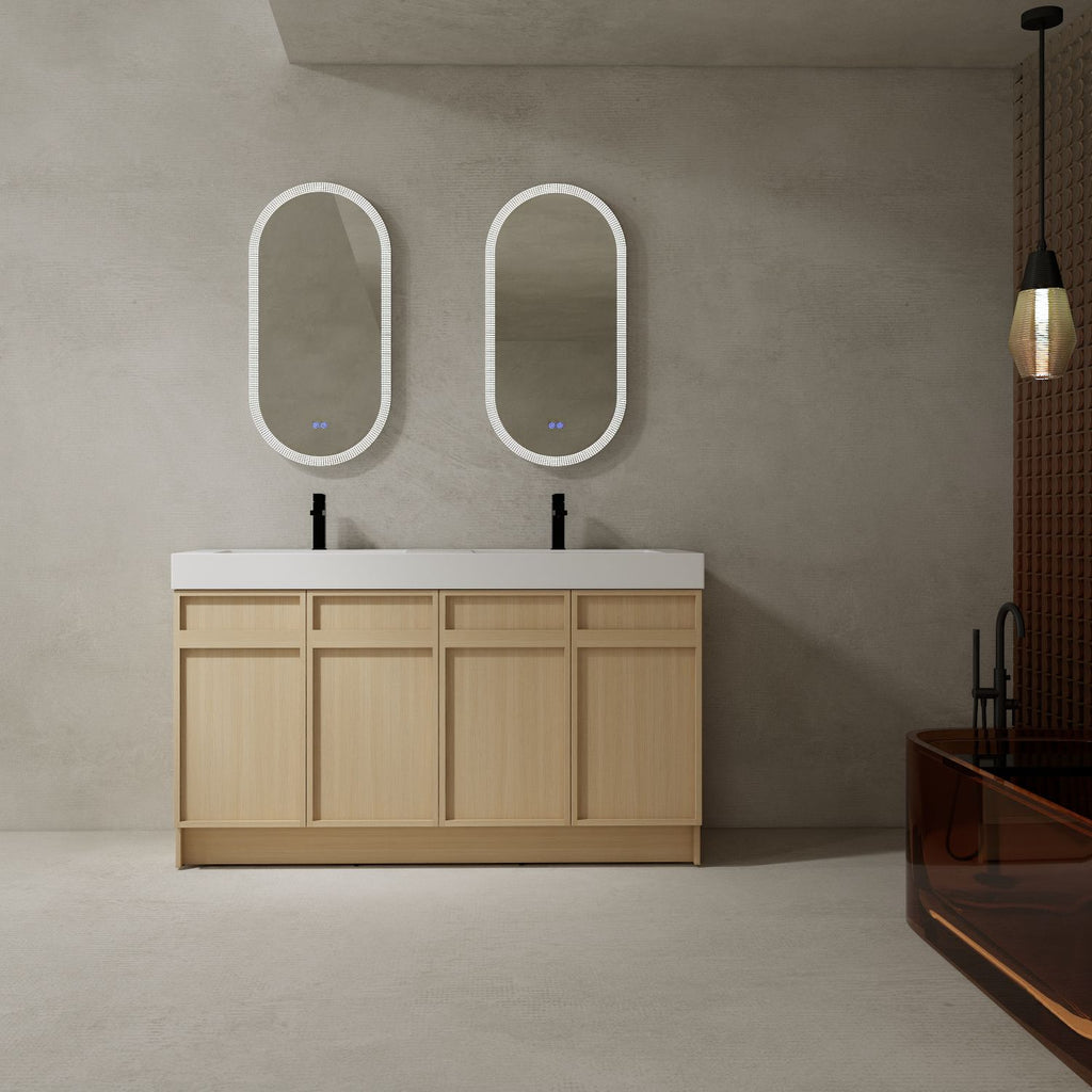 60" Freestanding Bathroom Vanity with White Double Resin Sink & 4 Soft-Close Cabinet Doors (KD-PACKING)