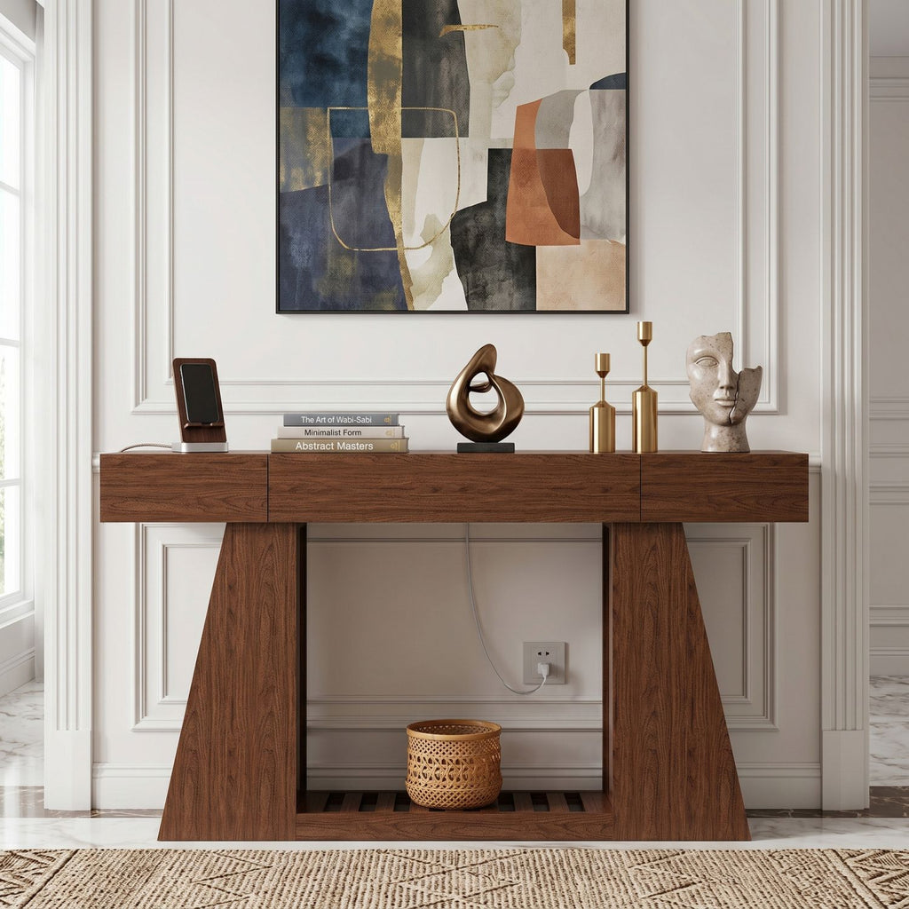 60 Inch Narrow Console Table with Built-in Power Outlet, Farmhouse Sofa Table Behind Couch, Entryway Foyer Table with Side Storage Compartment & Slatted Bottom Shelf,