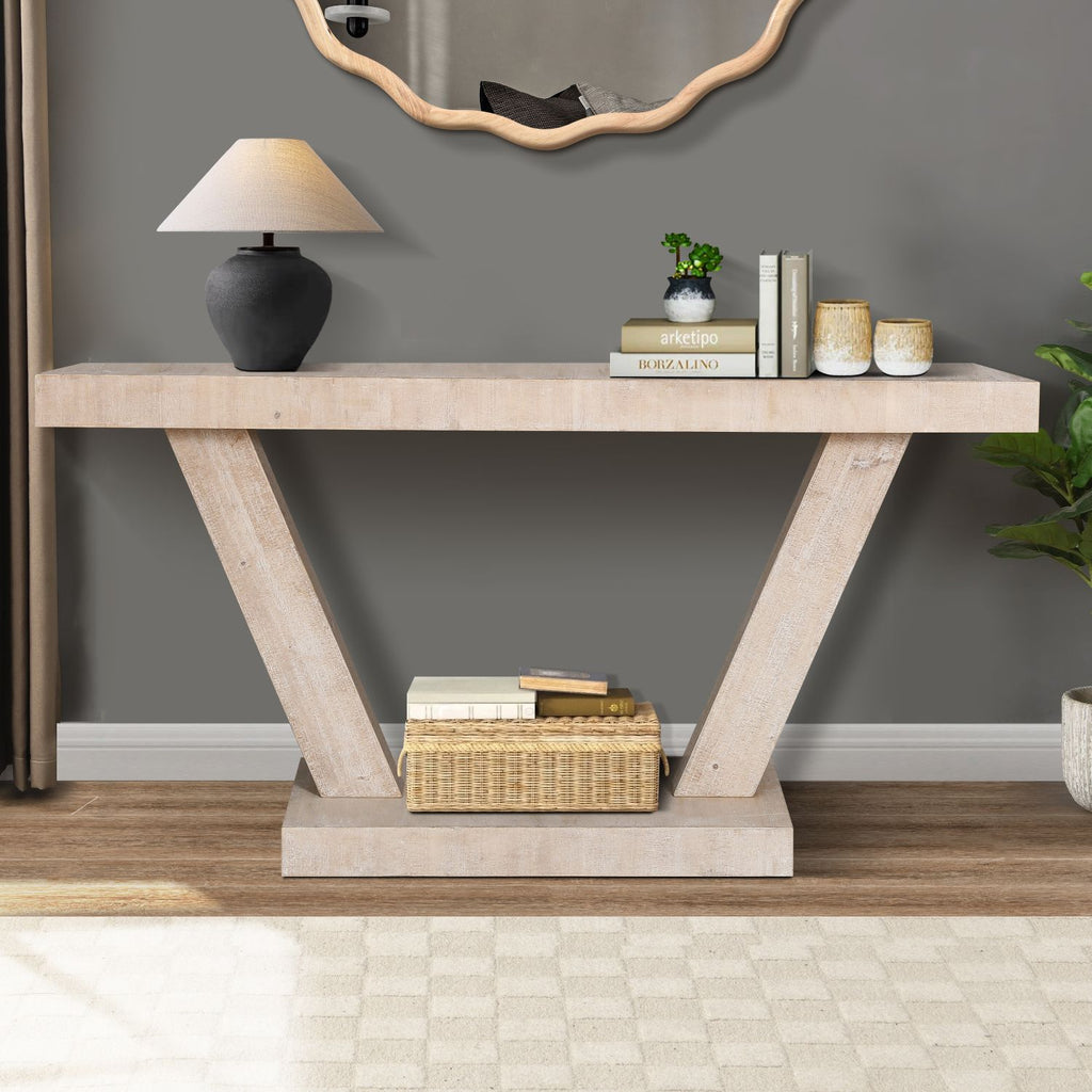 60 Inches Vintage Distressed Wood Entryway Bench with 2-Tier Solid Wood Veneer Storage Cabinet, Rustic Wide Design for Hallway, Living Room & Behind Sofa, Antique Natural
