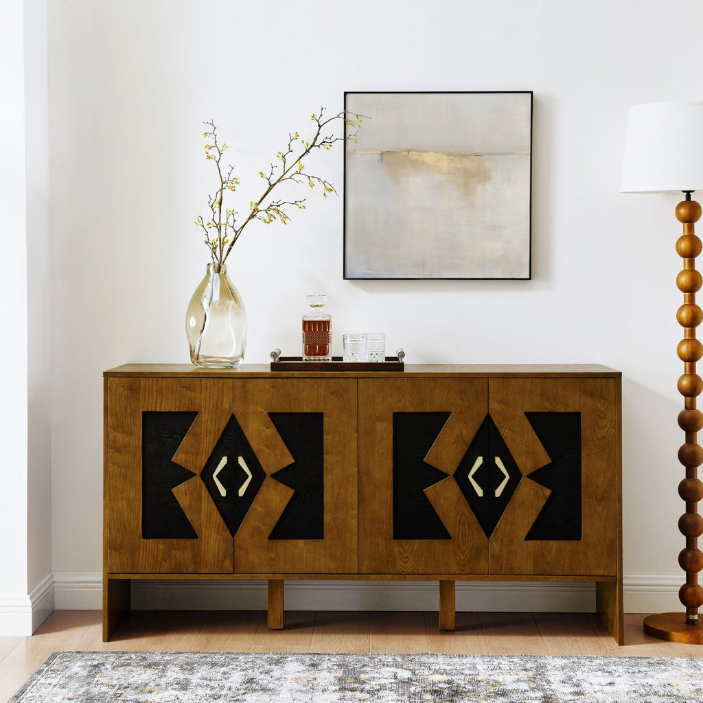 60" Mid Century Modern Sideboard Buffet Cabinet with Storage, TV Media Console, Storage Cabinet with Geometric Pattern & Adjustable Shelves for Kitchen Dining Living Room Entryway Hallway, Walnut