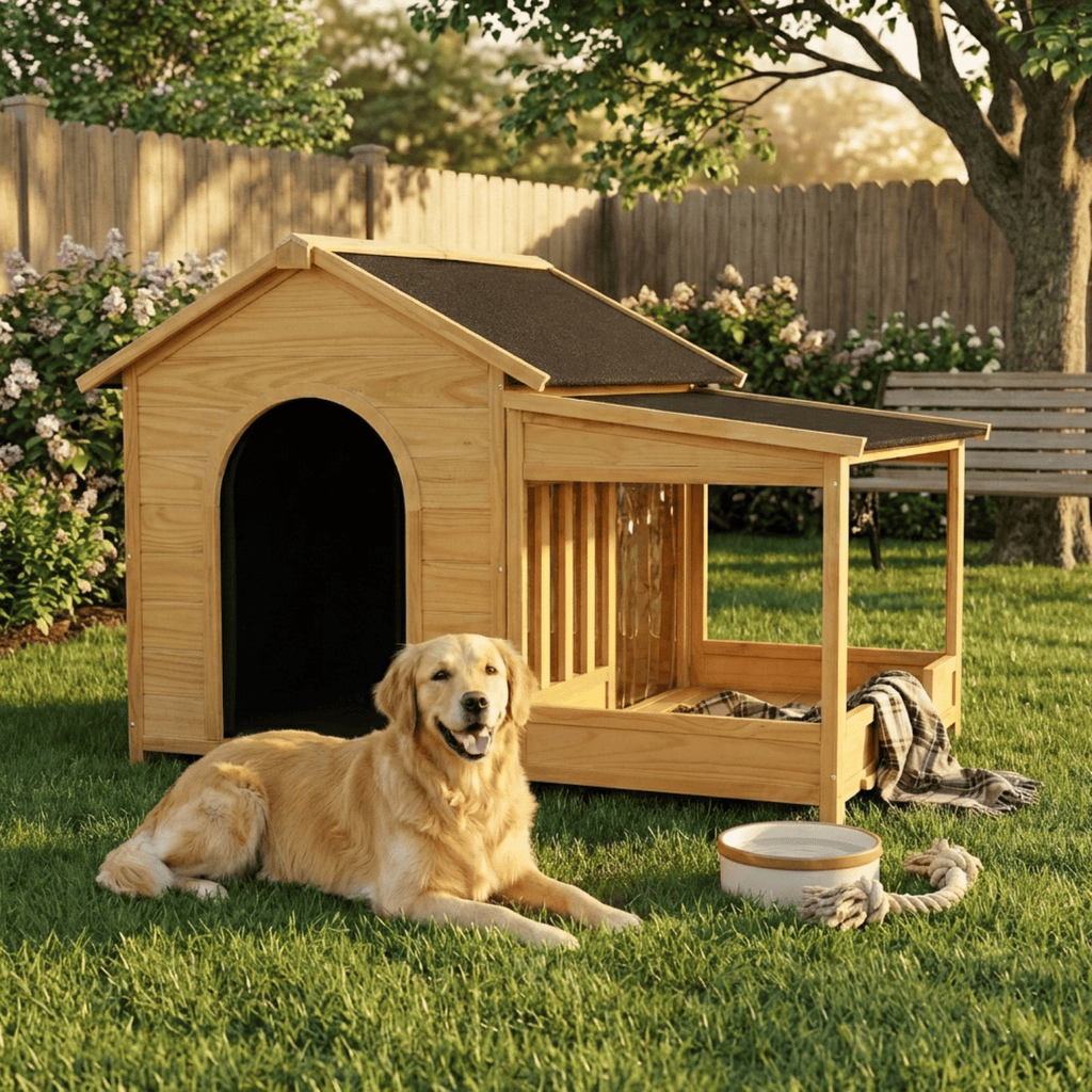 60.2" Large Outdoor Dog House with Insulated Liner for Winter Waterproof Dog Kennel for Medium & Large Dogs, Dog House with Porch and Asphalt Roof and Elevated Floor, Nature