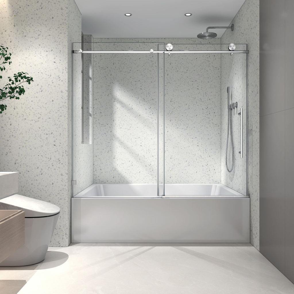 6076 Brushed Gold frameless one fixed and one shifted Shower Door,70MM 304 stainless steel large pulleys with adjustable soft closing function,with nano easy cleaning,stick explosion-proof menbrance