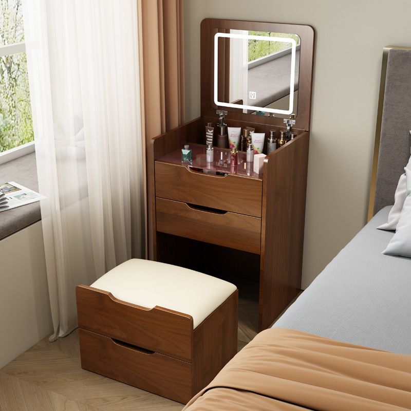 (60cm)(Walnut) 3 in 1 Vanity Desk with Plip Top Mirror,Small Make Up Vanity Set with Visible Glass Desktop,Compact Makeup Vanity with 3 Drawers,Cushioned Tool,Dressing Table for Bedroom