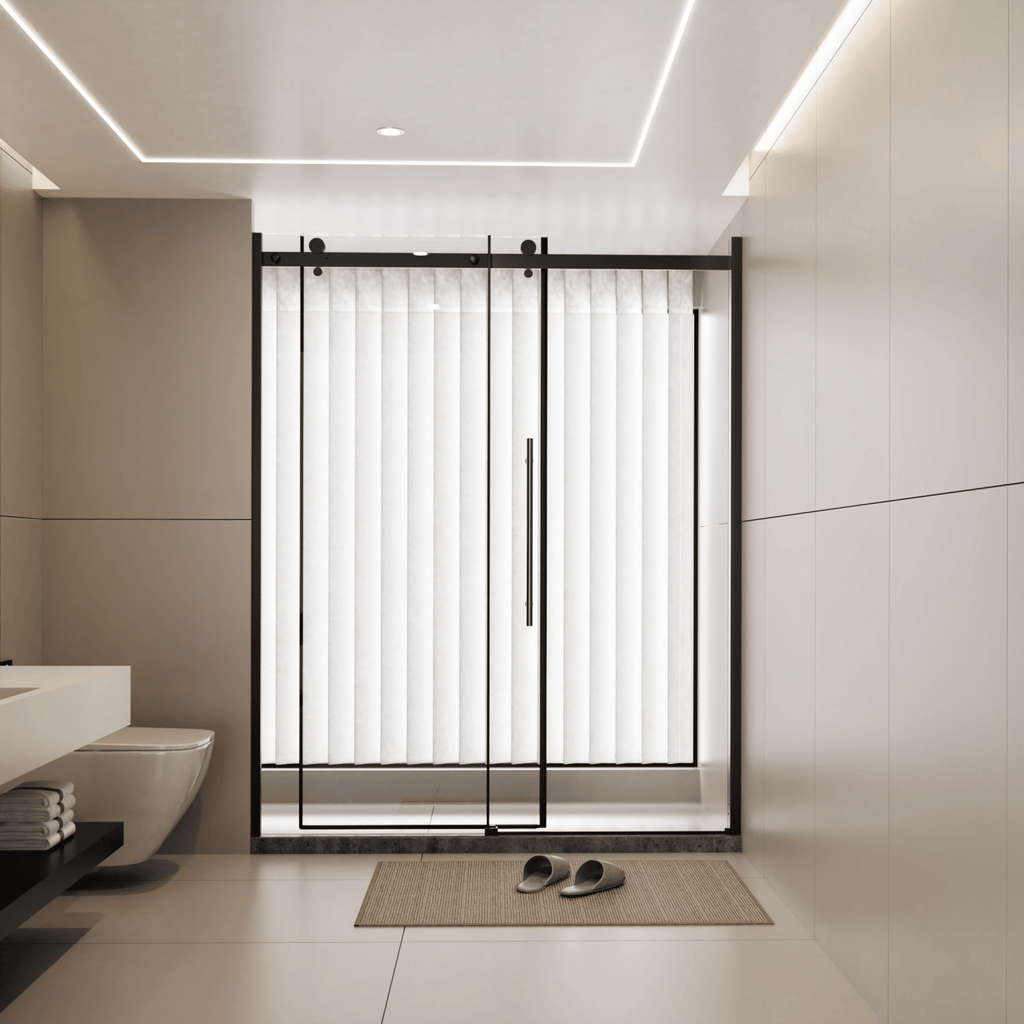 60.in W x 72.in H Frameless Shower Door Single Sliding, 1/4 inch Thick Clear Tempered Glass Shower Door with Zinc Roller Rail System, Stainless Steel Handle, Black