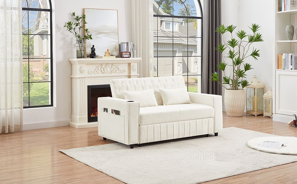 61.4" Pull-out Sofa Bed Convertible Couch Loveseat Sofa Modern Sleeper Sofa with Adjustable Backrest for Living Room, Beige