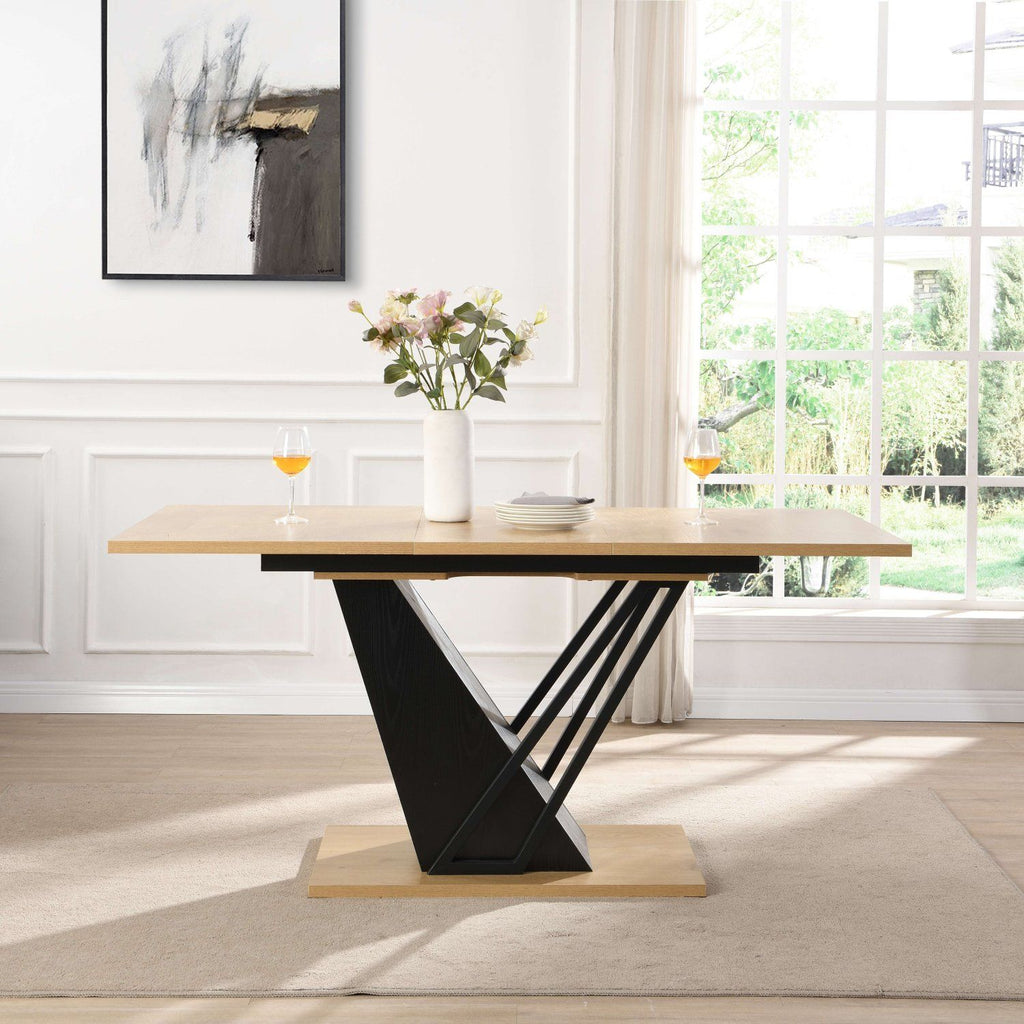 61.81 (46.46) inch Extendable Dining Table, Modern Geometric Rectangular Table with Sturdy Metal Frame and MDF base, Adjustable Wooden Tabletop for Home Kitchen, Dining Room, and Office Spaces