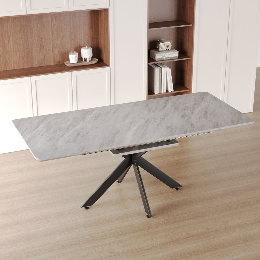 62.4" Extendable 78.15"Very large Grey Dining Table Modern Mid-Century Kitchen Table Set for Dining Room, party Table,Conference table,Black metal X shape Legs.