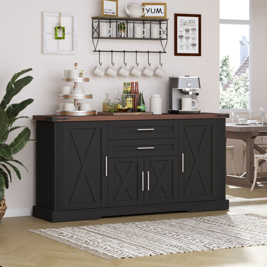 63" Farmhouse Barn Door Storage Cabinet with 2 Drawers & Door Rack, Large Buffet Table Coffee Bar Cabinets with Adjustable Shelves for Kitchen, Living Room, Entryway, Dining Room, Black