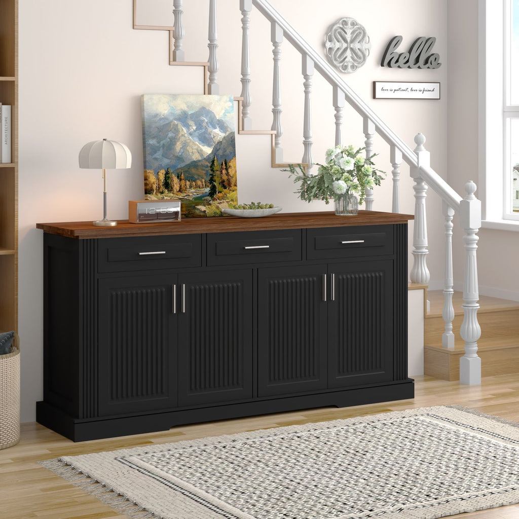 63" Fluted Sideboard Buffet Cabinet with Storage, Modern Coffee Bar Station with 4 Doors and 3 Drawers, Wood Kitchen Storage Console Table for Living Room Dining Room Entryway, Black