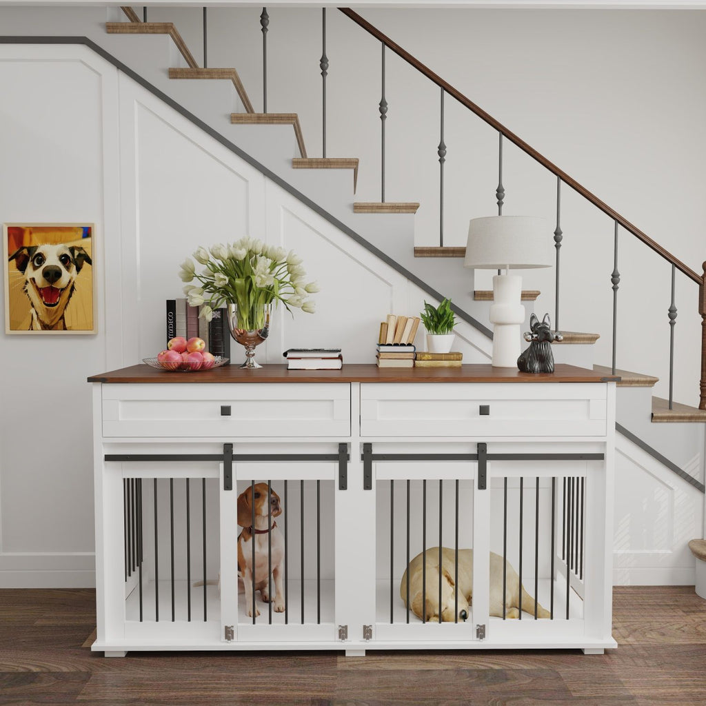 63'' Large Dog Crate Furniture for Double Dog, Wooden Dog Kennel with 2 Drawers,Divider and Sliding Door, Water Resistant Indoor Pets Furniture Style Double Dog Crates
