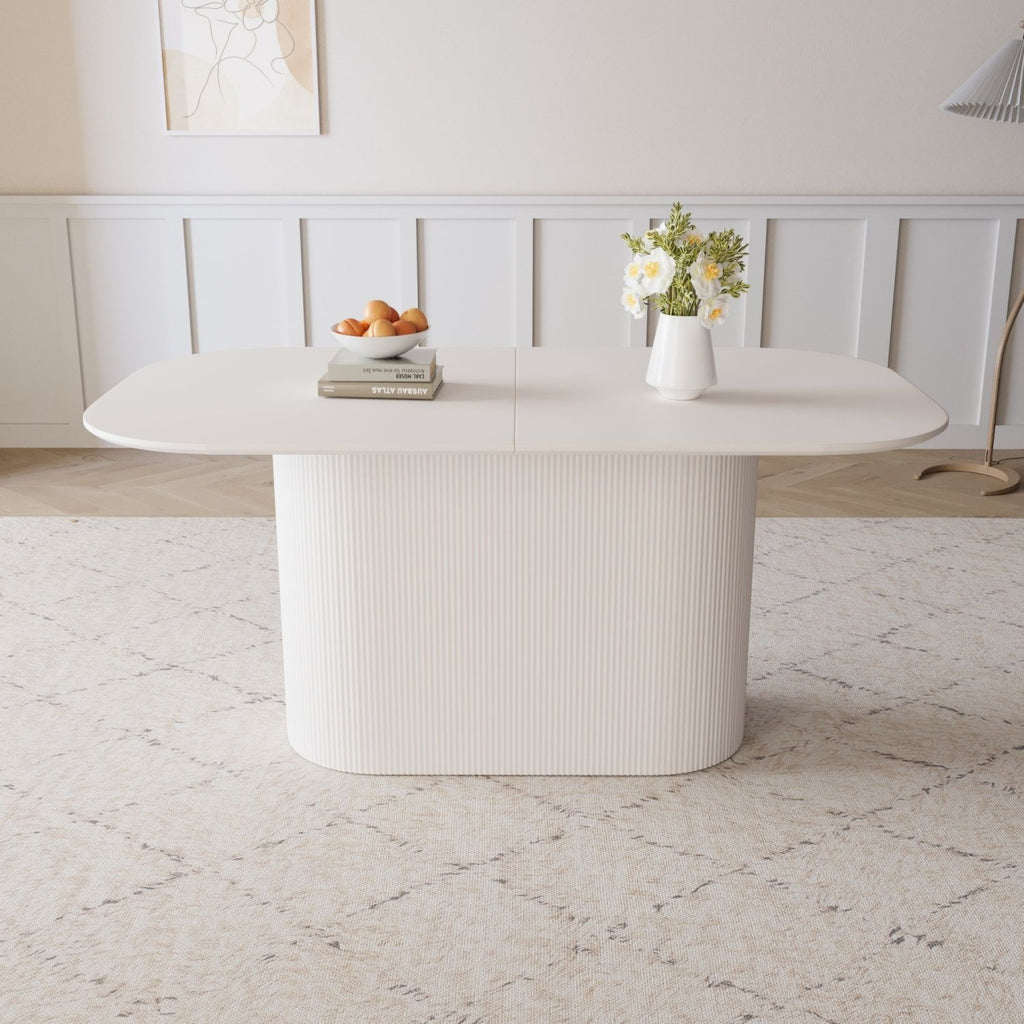 63 " MDF New Cream Style Dining Table and Regular Edge Table, 4-8 Person Dining Table, Vertical Striped Table Legs, Thick Elegant Combination Table Top, Suitable for Home and Kitchen