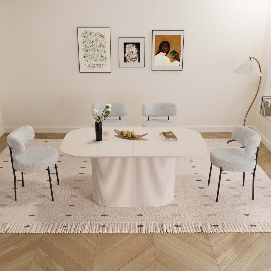 63" medieval modern cream style MDF dining table and 4 sets of circular cushioned armless dining chairs. Assemble desktop and black metal leg dining chair set, suitable for home & kitchen