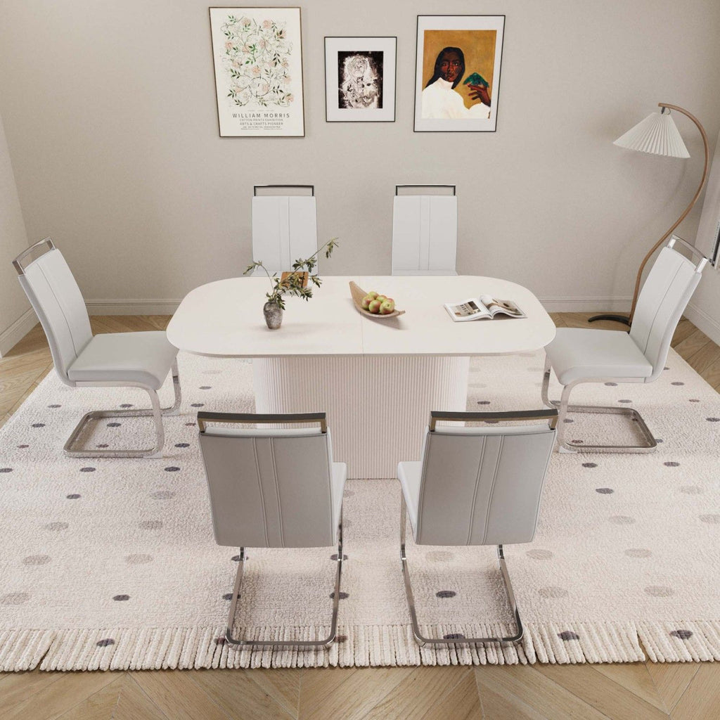 63 "medieval modern cream style MDF dining table and PU armless dining chair set 6. Assemble Desktop and Silver plated metal leg dining chair set, suitable for home&kitchen