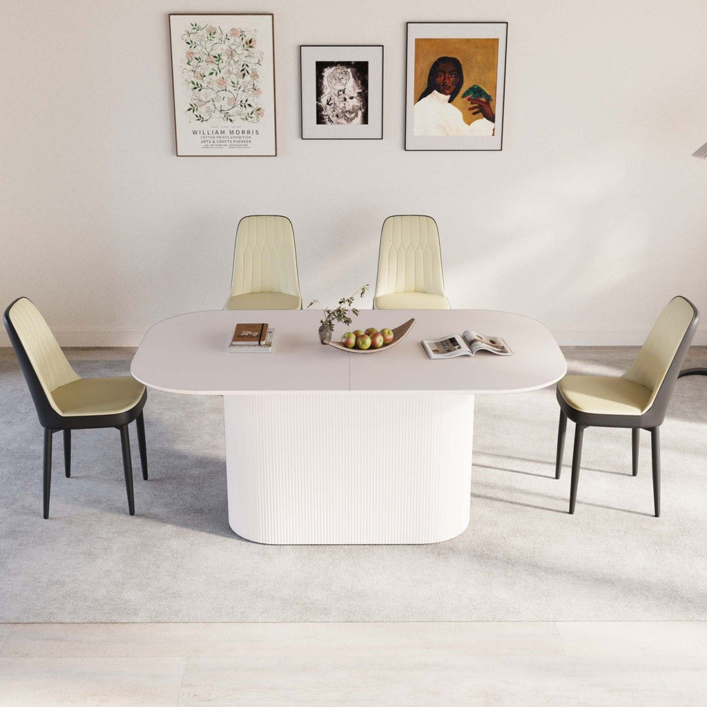 63 "medieval modern cream style MDF dining table and PU dining chair set 4. Assemble Desktop and black metal leg dining chair set, suitable for home&kitchen