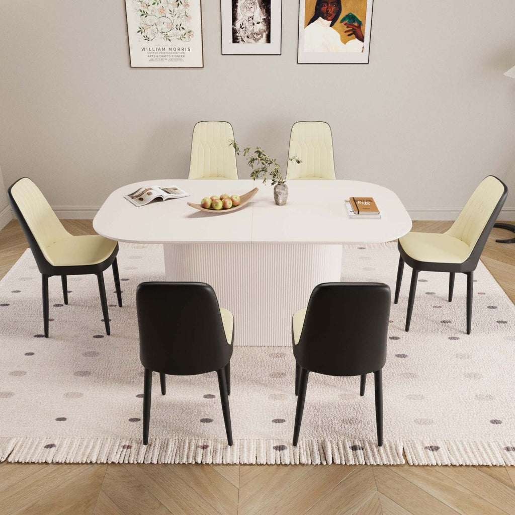 63 "medieval modern cream style MDF dining table and PU dining chair set 6. Assemble Desktop and black metal leg dining chair set, suitable for home&kitchen